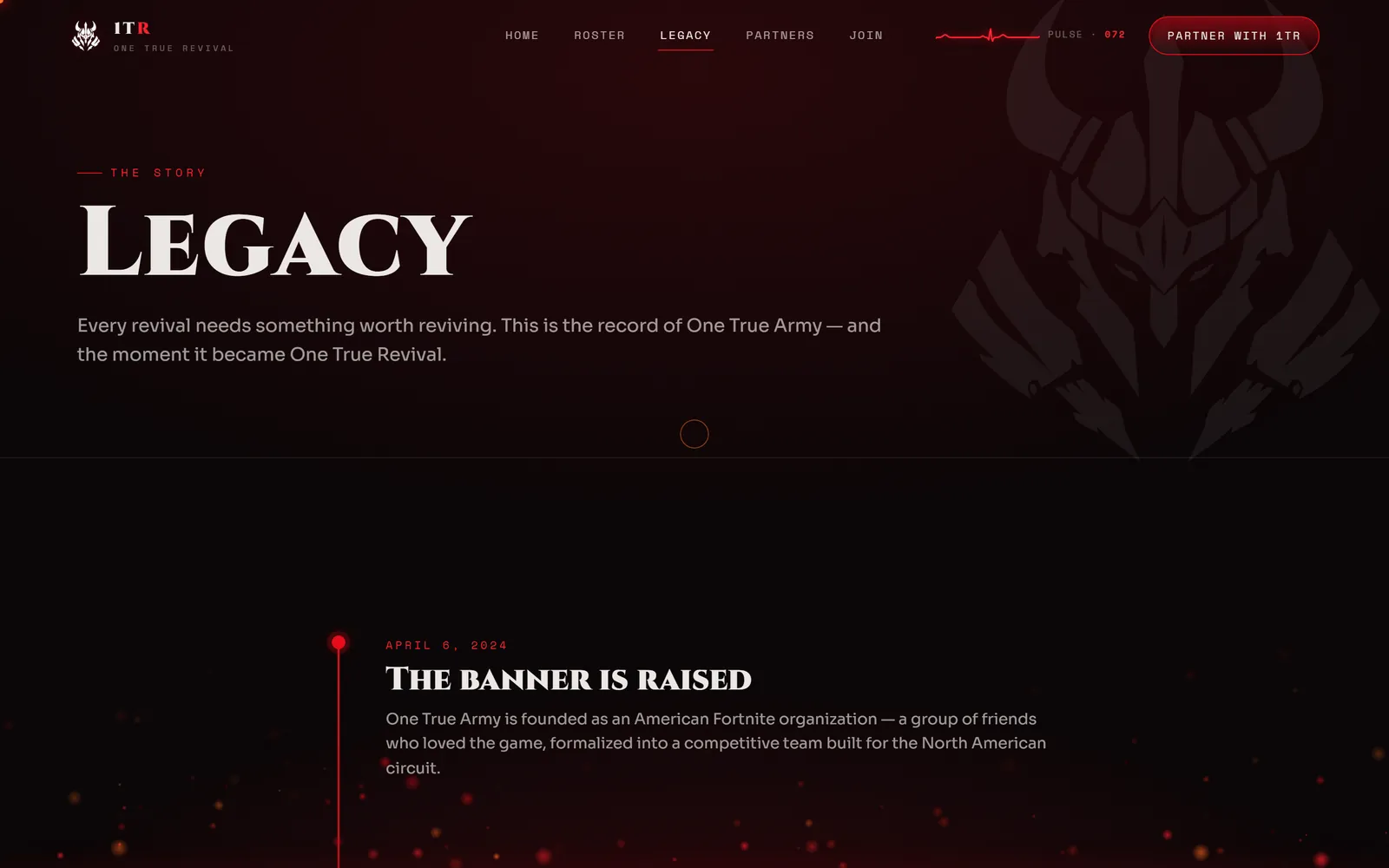 1TR — dark cinematic legacy page with red timeline