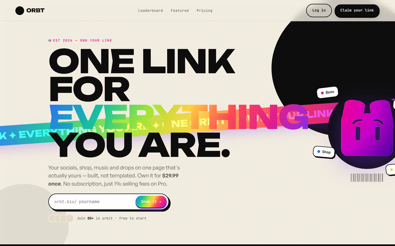 Orbt — link-in-bio product homepage, 'One link for everything you are'